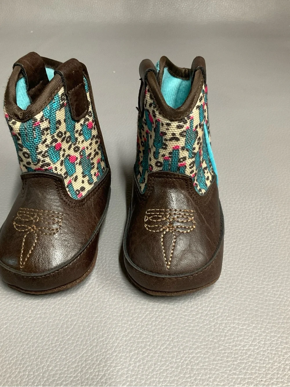 Ariat Brown Kids Boot with Turquoise and Pink Pattern